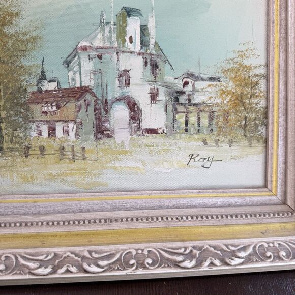 Original Signed Painting Artwork On Wooden Frame Buildings Landscape Community - Picture 9 of 9